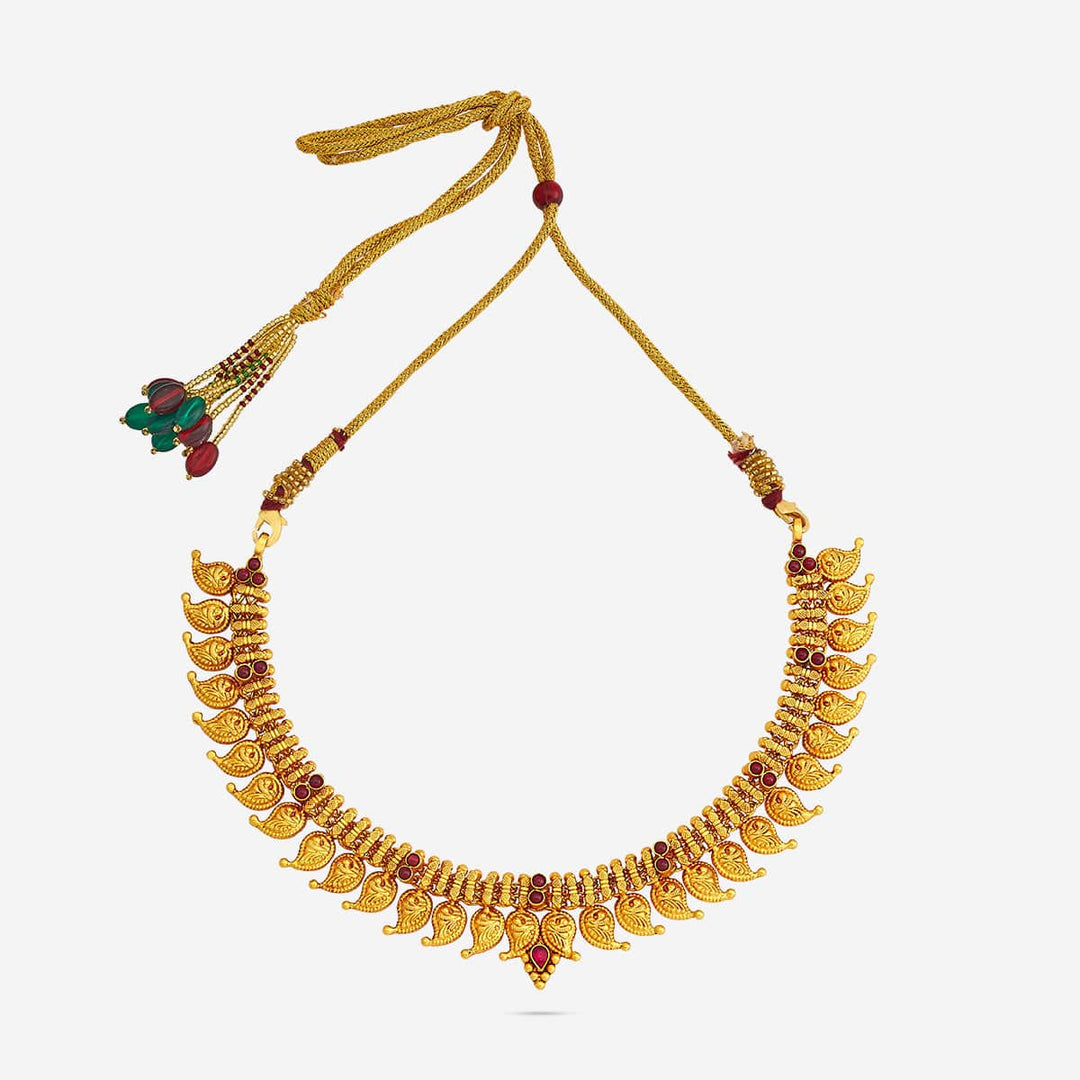 Pure 92.5 Silver Gold Plated Temple Short Necklace with Ruby Stone Accents and Mango Leaf Motifs | SHOBITAM