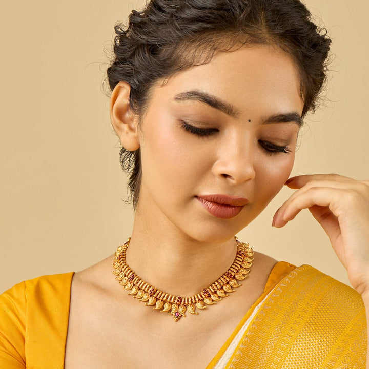 Pure 92.5 Silver Gold Plated Temple Short Necklace with Ruby Stone Accents and Mango Leaf Motifs | SHOBITAM