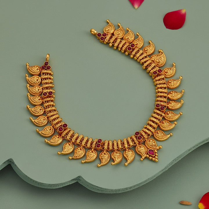 Pure 92.5 Silver Gold Plated Temple Short Necklace with Ruby Stone Accents and Mango Leaf Motifs | SHOBITAM