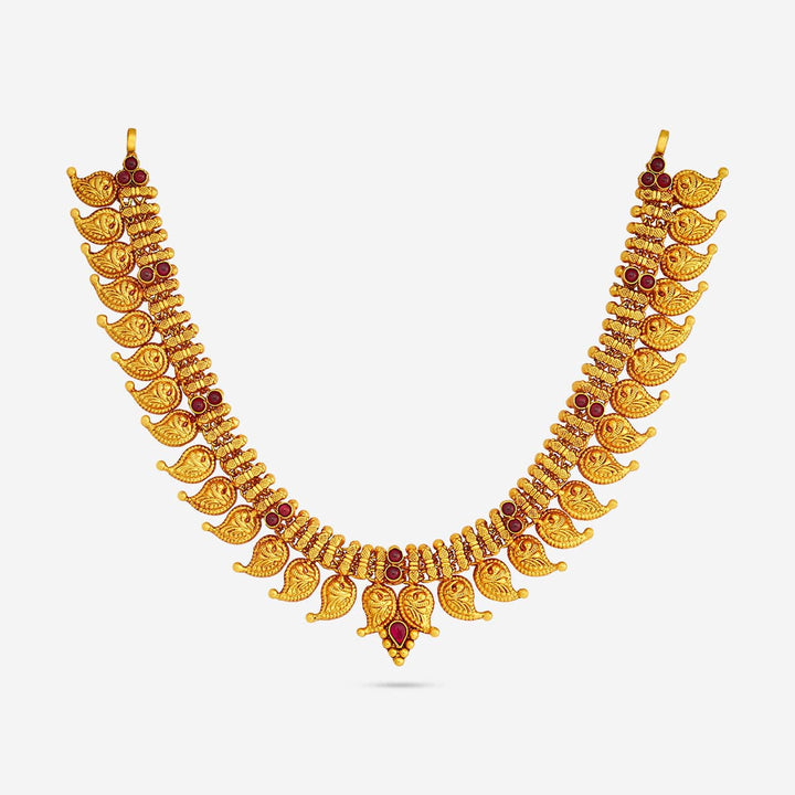 Pure 92.5 Silver Gold Plated Temple Short Necklace with Ruby Stone Accents and Mango Leaf Motifs | SHOBITAM
