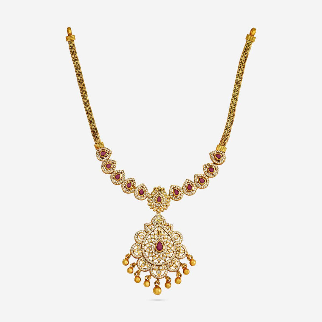 Pure 92.5 Silver, Gold Plated Tear-Drop Design Necklace with Gemstone Detailing