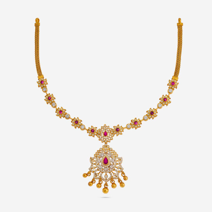 Pure 92.5 Silver, Gold Plated Floral Motif Temple Necklace with Pear-Cut Emerald Pendant with Gold Dangling Beads