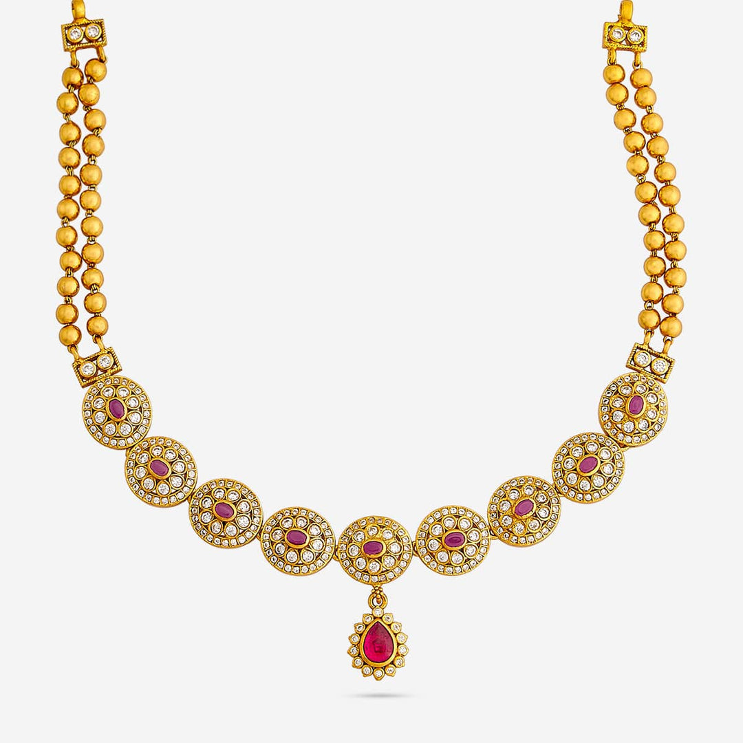 Pure 92.5 Silver, Gold Plated CZ Stone Floral Necklace with Tear Drop Pendant