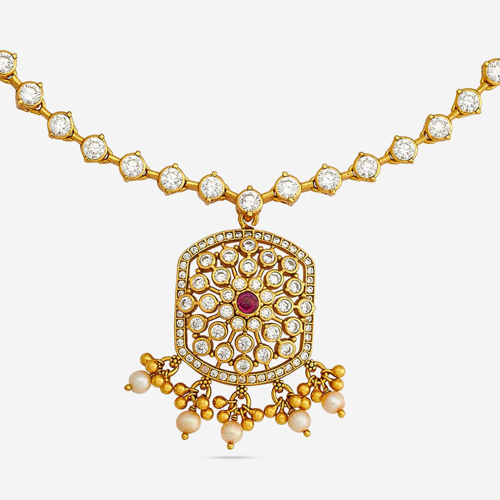 Pure 92.5 Silver, Gold Plated Floral Design with Intricate Temple Design Gold Necklace