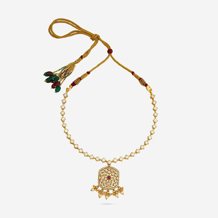 Pure 92.5 Silver, Gold Plated Floral Design with Intricate Temple Design Gold Necklace