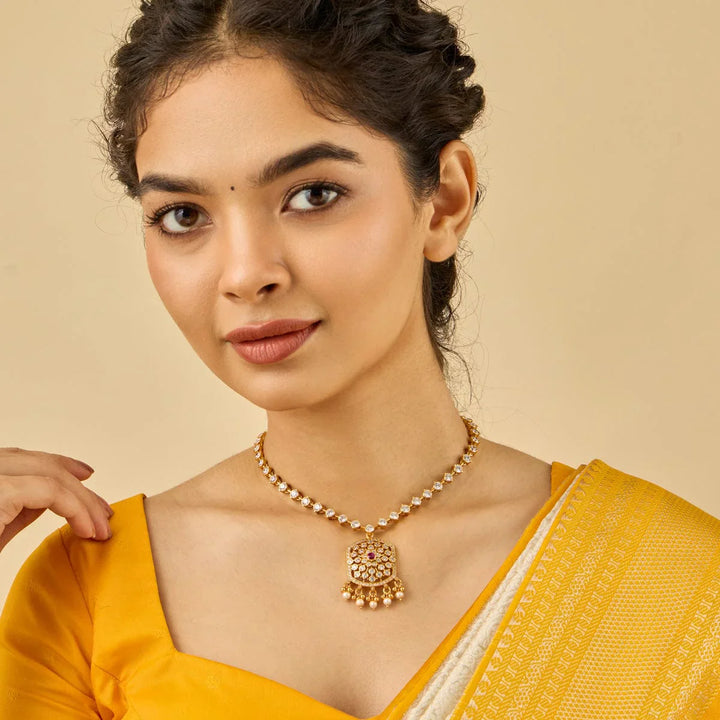 Pure 92.5 Silver, Gold Plated Floral Design with Intricate Temple Design Gold Necklace