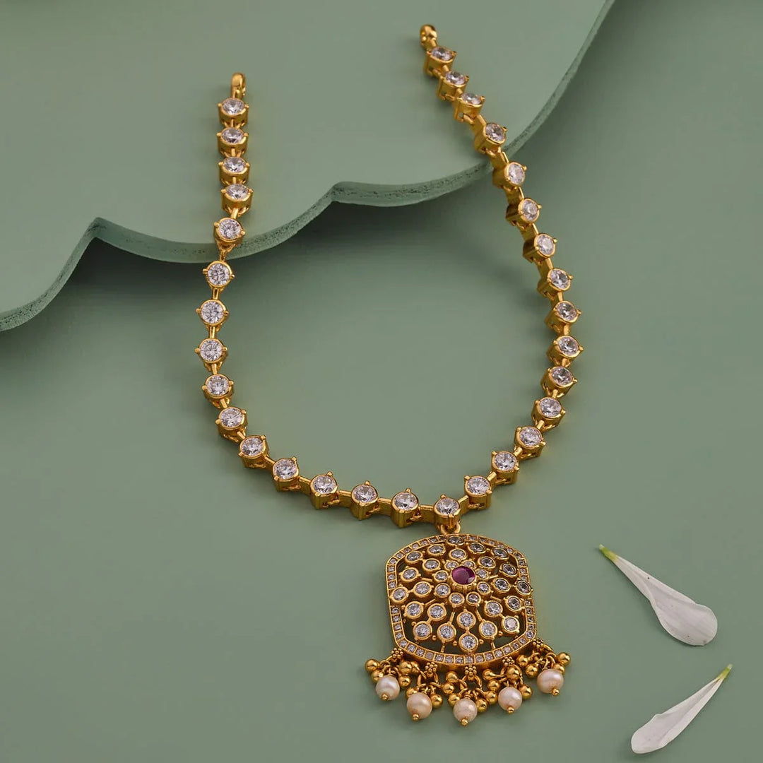 Pure 92.5 Silver, Gold Plated Floral Design with Intricate Temple Design Gold Necklace