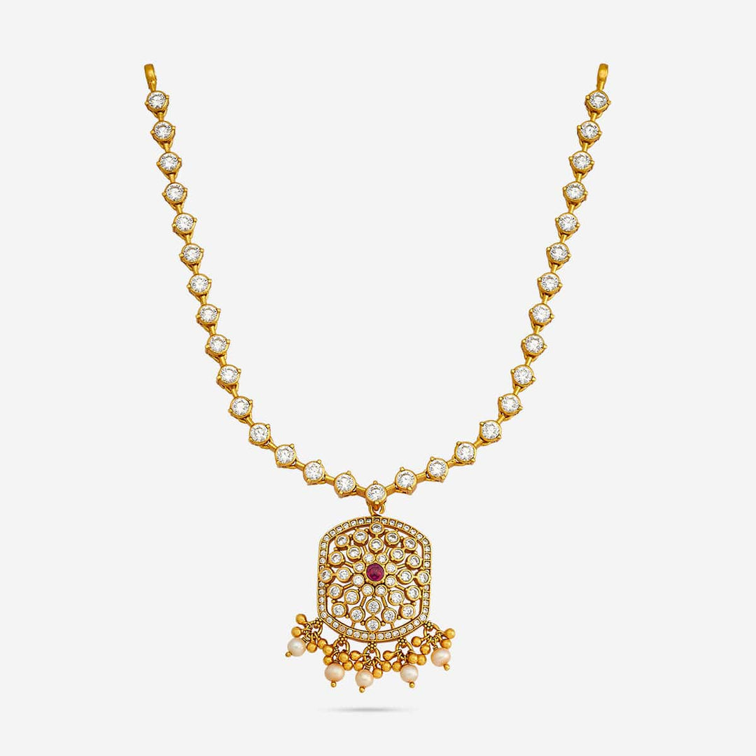 Pure 92.5 Silver, Gold Plated Floral Design with Intricate Temple Design Gold Necklace