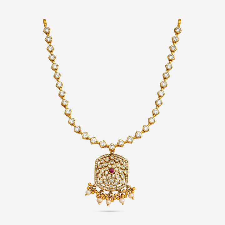 Pure 92.5 Silver, Gold Plated Floral Design with Intricate Temple Design Gold Necklace