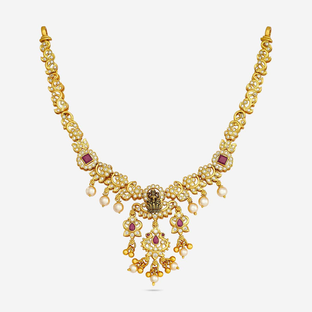 Pure 92.5 Silver, Gold Plated Ruby, White Stone and Pearl Temple Necklace with Deity Motif