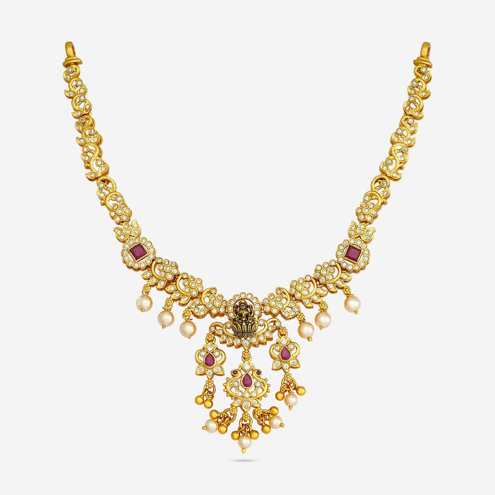 Pure 92.5 Silver, Gold Plated Ruby, White Stone and Pearl Temple Necklace with Deity Motif