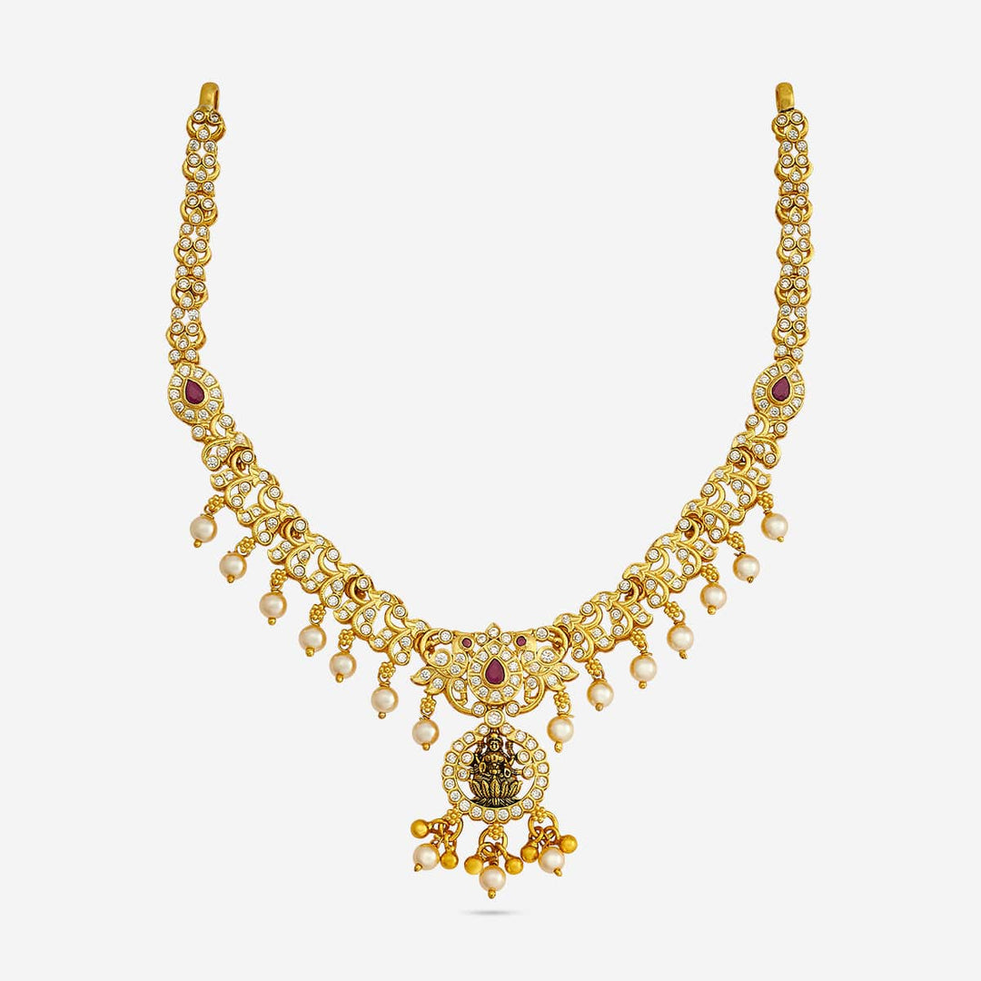 Pure 92.5 Silver, Gold Plated CZ Stone Necklace with Lakshmi Pendant and dangling Beads