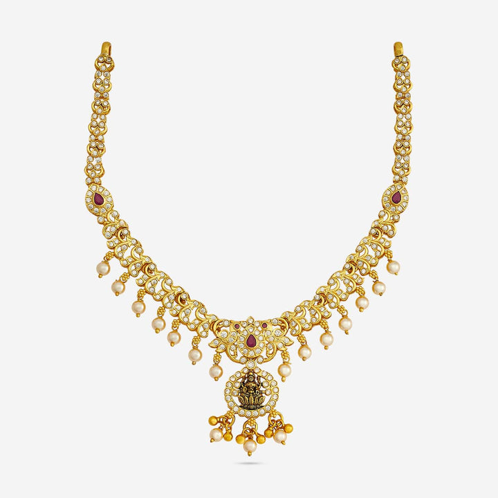 Pure 92.5 Silver, Gold Plated CZ Stone Necklace with Lakshmi Pendant and dangling Beads