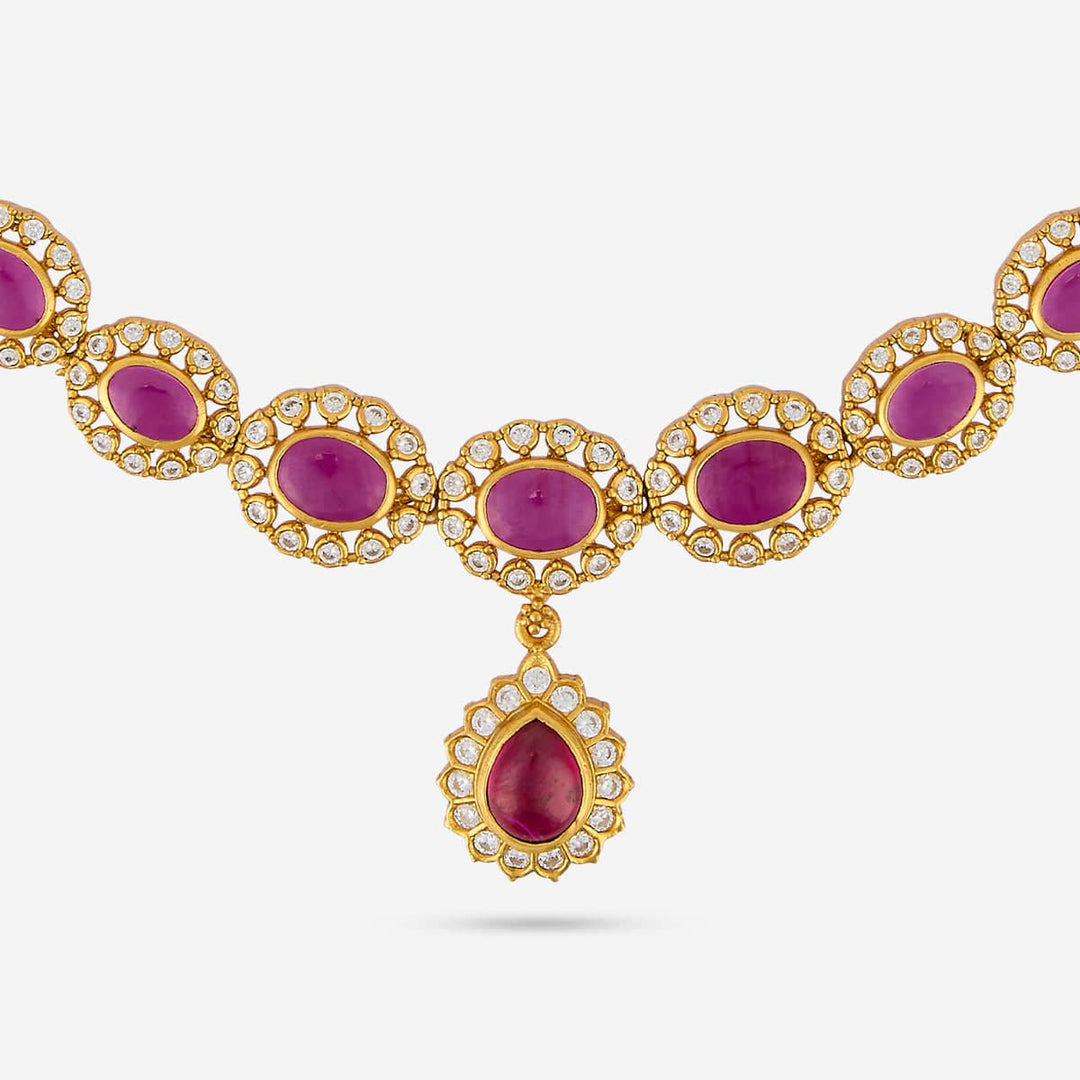 Pure 92.5 Silver Gold Plated Elegant Gold and Ruby Neckalce