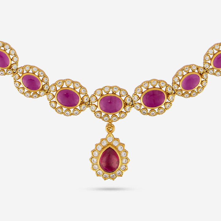 Pure 92.5 Silver Gold Plated Elegant Gold and Ruby Neckalce
