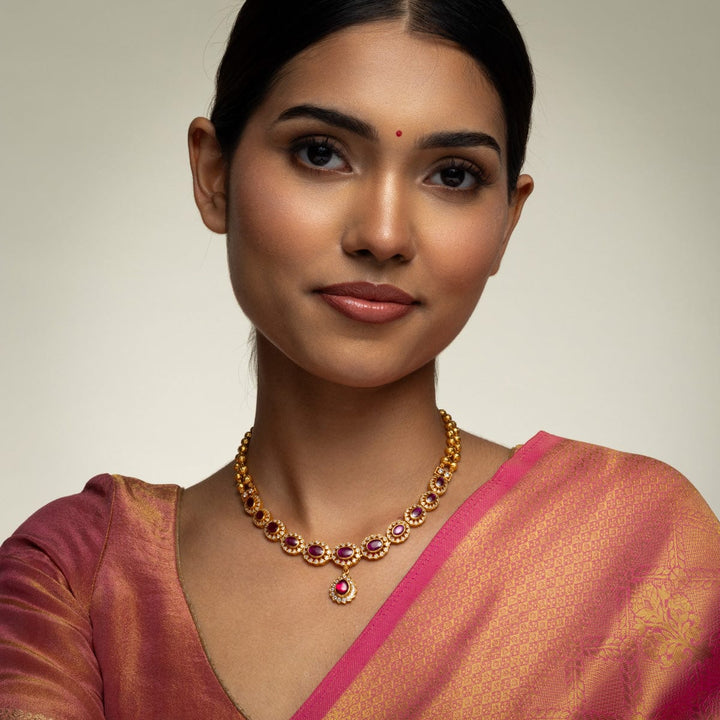 Pure 92.5 Silver Gold Plated Elegant Gold and Ruby Neckalce