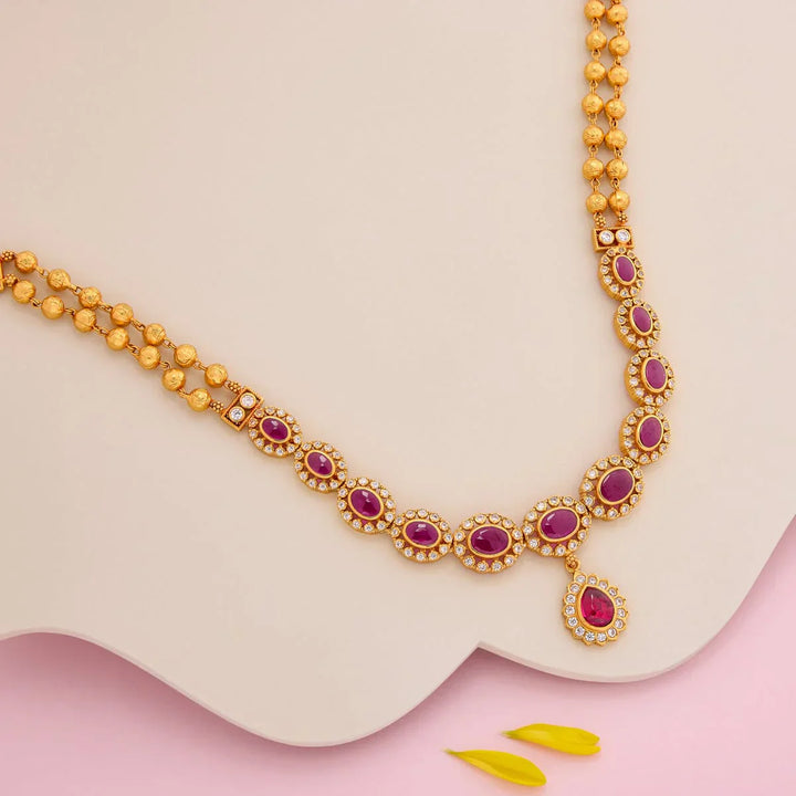Pure 92.5 Silver Gold Plated Elegant Gold and Ruby Neckalce