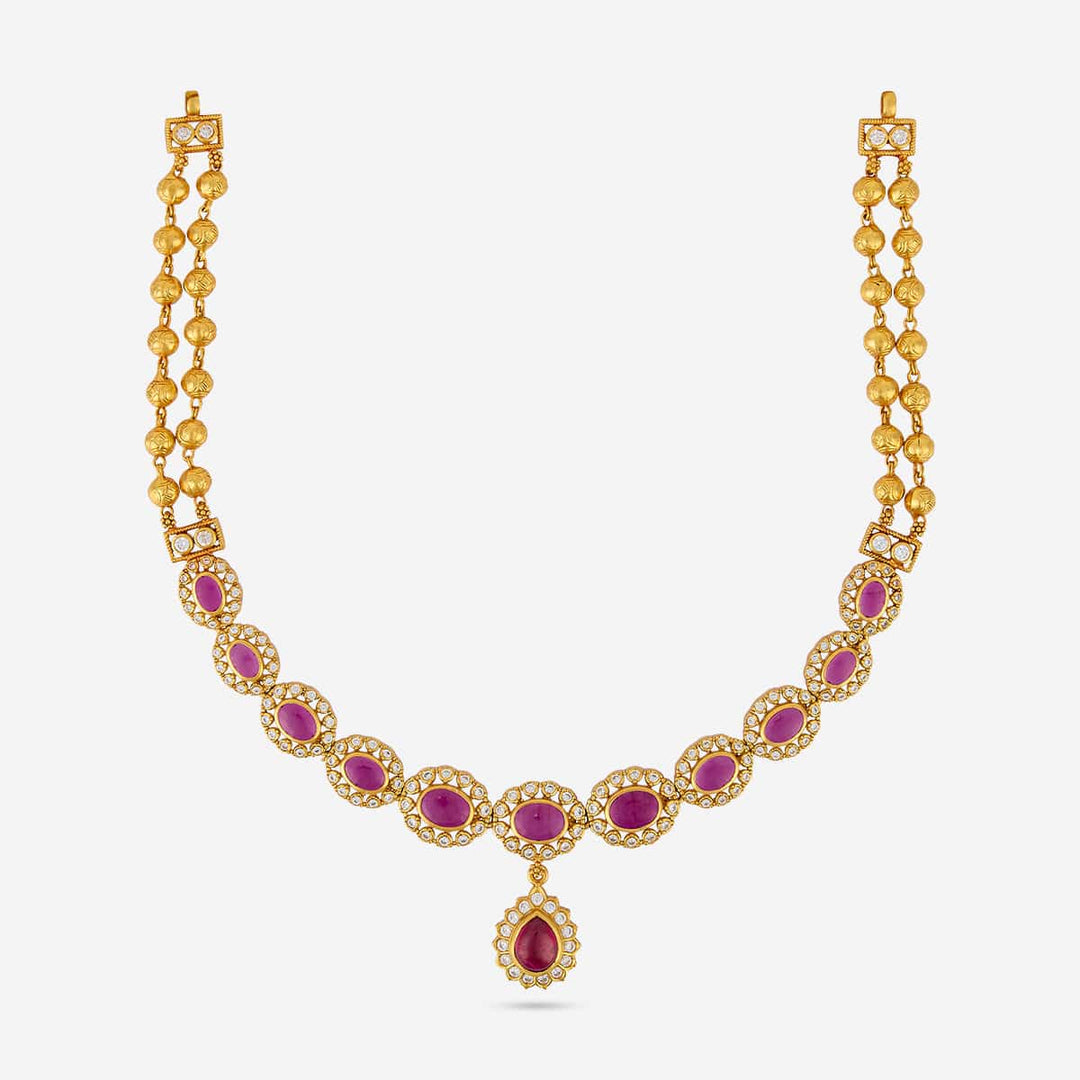 Pure 92.5 Silver Gold Plated Elegant Gold and Ruby Neckalce