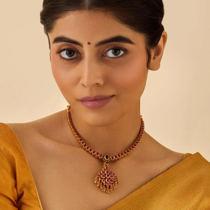 Pure 92.5 Silver, Gold Plated Reversible Temple Necklace with Ruby and Green Stone Accents