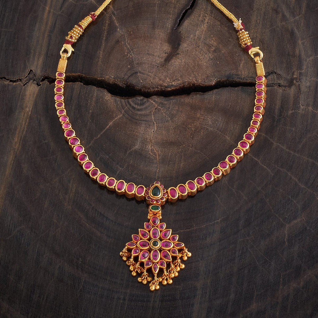 Pure 92.5 Silver, Gold Plated Reversible Temple Necklace with Ruby and Green Stone Accents