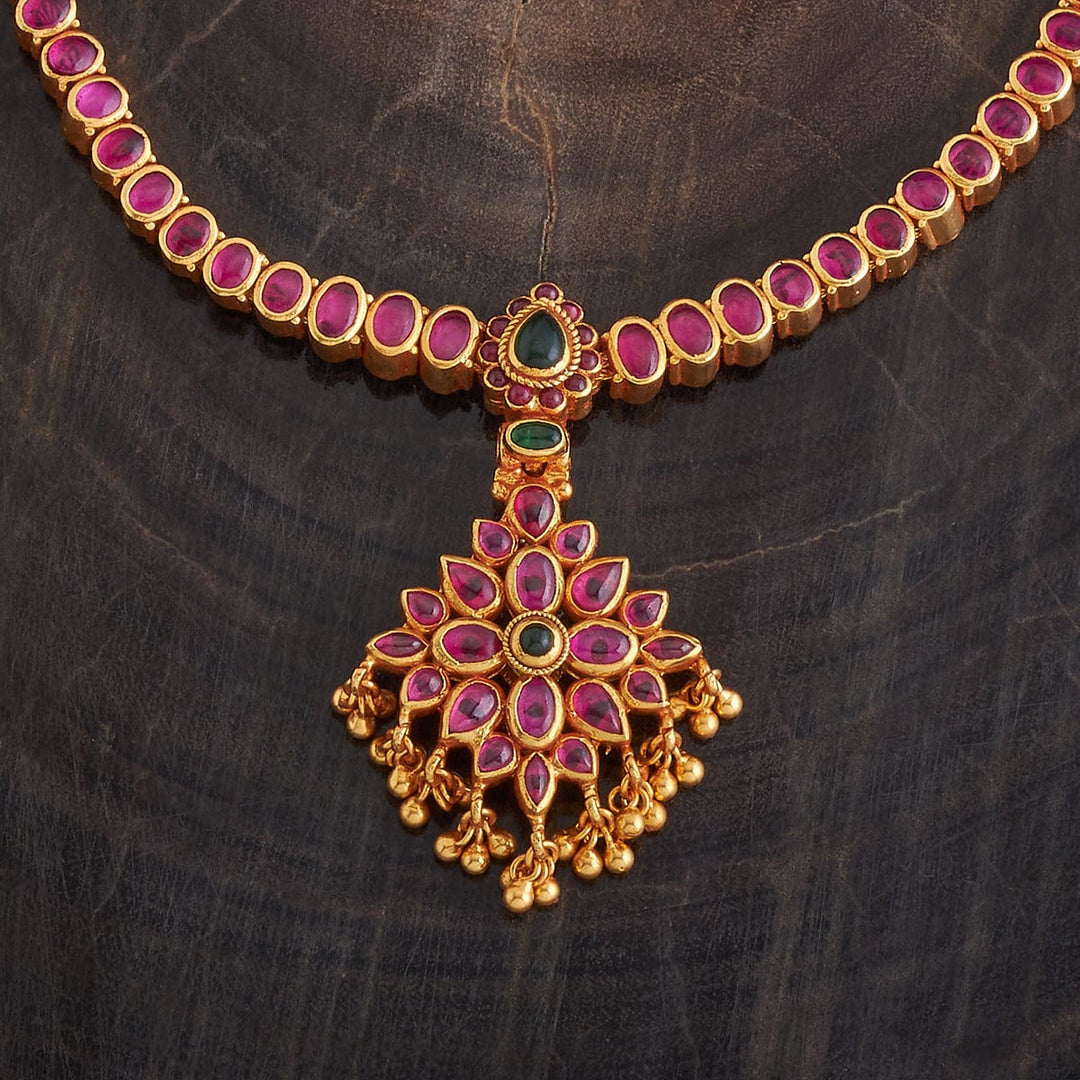 Pure 92.5 Silver, Gold Plated Reversible Temple Necklace with Ruby and Green Stone Accents
