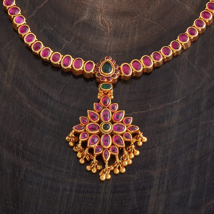 Pure 92.5 Silver, Gold Plated Reversible Temple Necklace with Ruby and Green Stone Accents