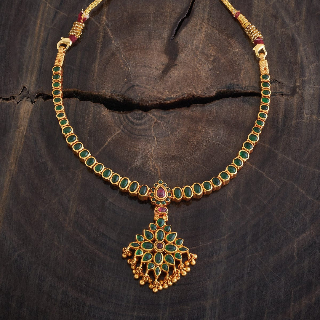 Pure 92.5 Silver, Gold Plated Reversible Temple Necklace with Ruby and Green Stone Accents