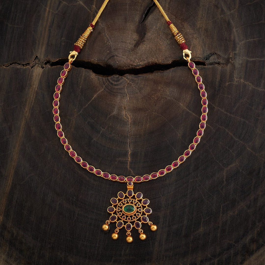 Pure 92.5 Silver Gold-Plated Ruby Necklace with Emerald Stones and Floral Pendant