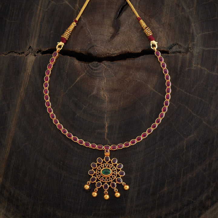 Pure 92.5 Silver Gold-Plated Ruby Necklace with Emerald Stones and Floral Pendant