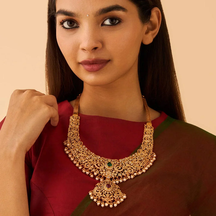 Pure 92.5 Silver, Gold Plated CZ Intricate Necklace with Gemstone Detailing