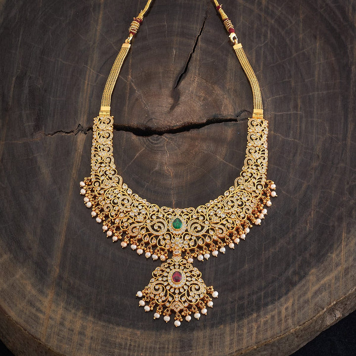 Pure 92.5 Silver, Gold Plated CZ Intricate Necklace with Gemstone Detailing