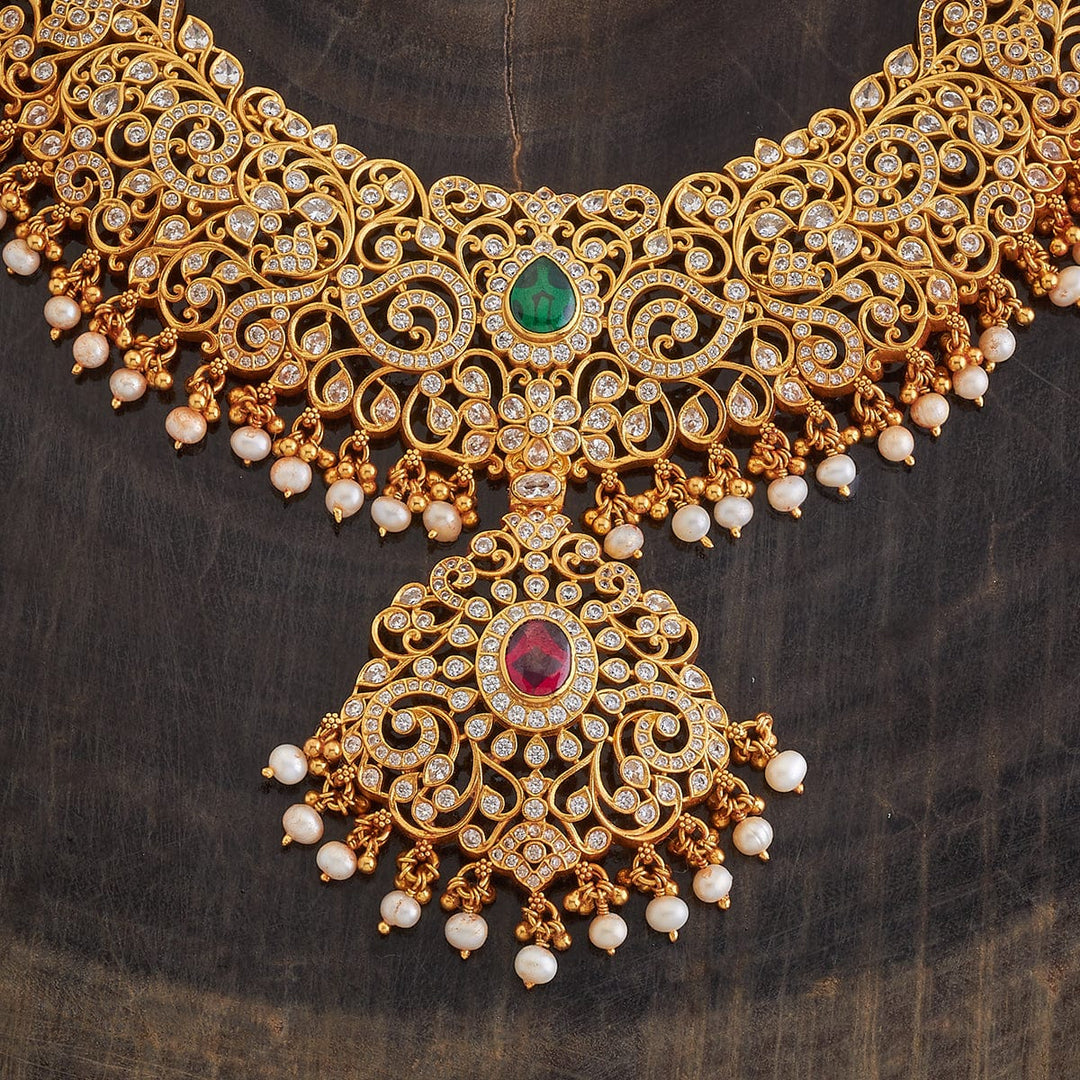 Pure 92.5 Silver, Gold Plated CZ Intricate Necklace with Gemstone Detailing