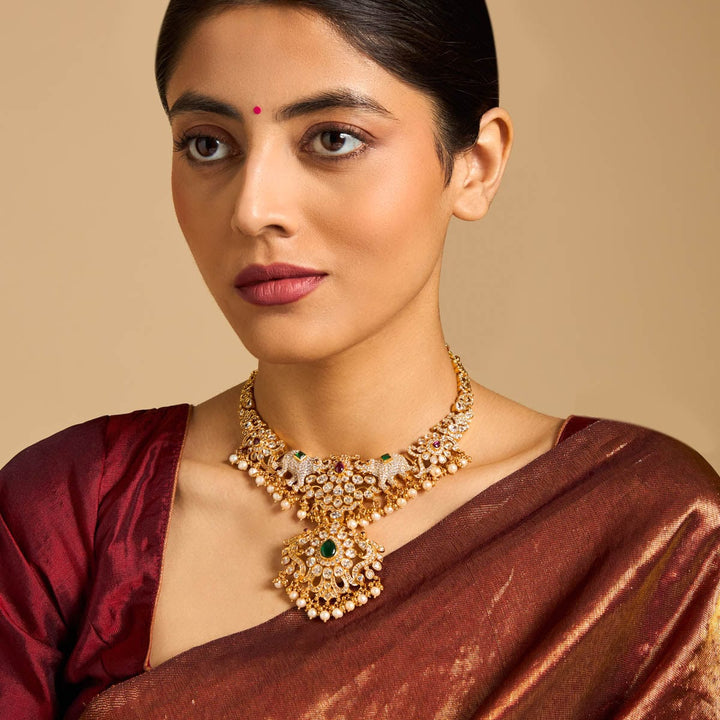 Pure 92.5 Silver Short Necklace With CZ Stone Elephant Motif And Peacock Pendant