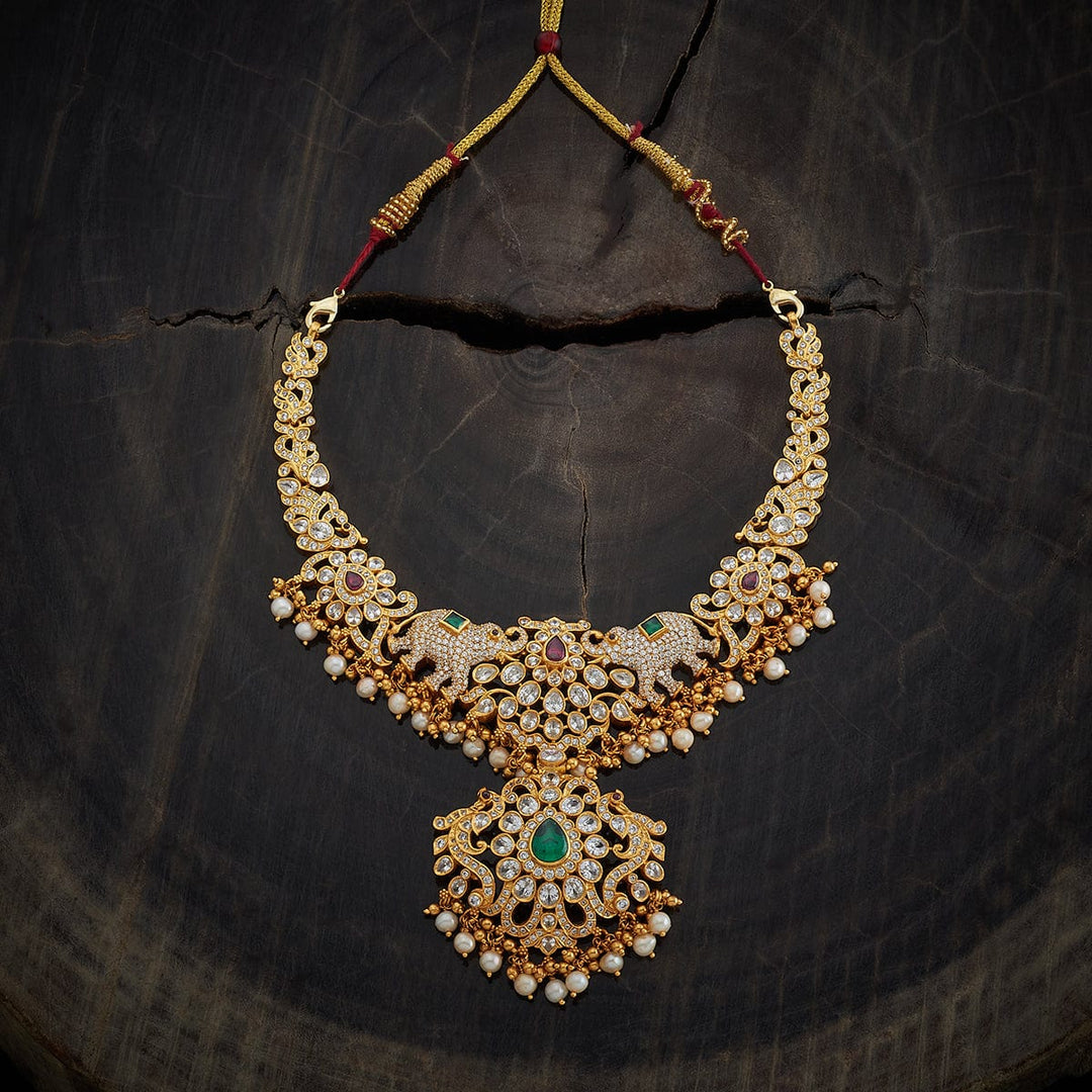 Pure 92.5 Silver Short Necklace With CZ Stone Elephant Motif And Peacock Pendant