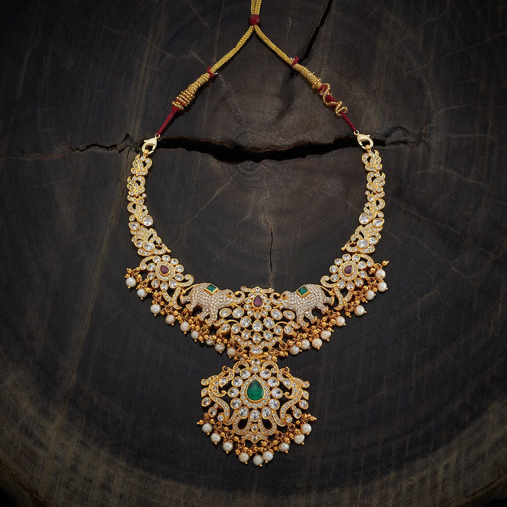 Pure 92.5 Silver Short Necklace With CZ Stone Elephant Motif And Peacock Pendant