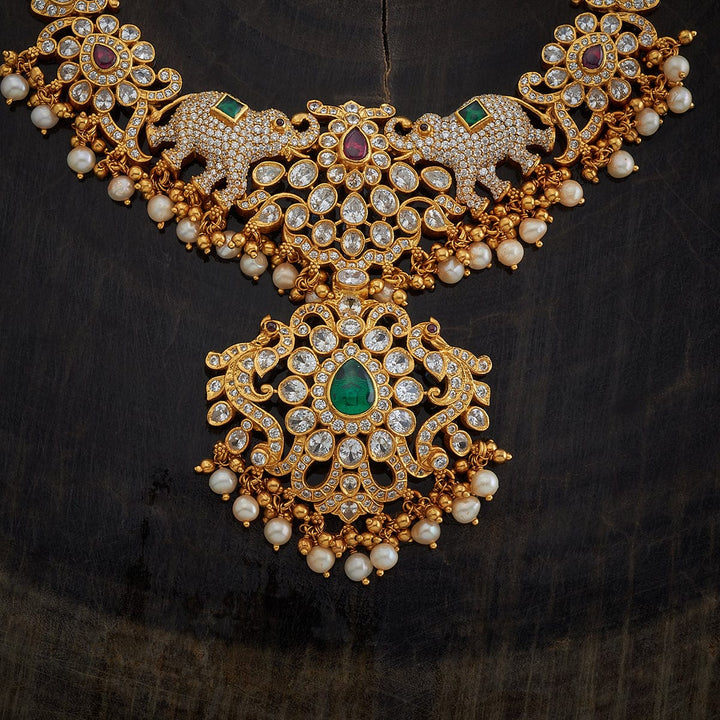 Pure 92.5 Silver Short Necklace With CZ Stone Elephant Motif And Peacock Pendant