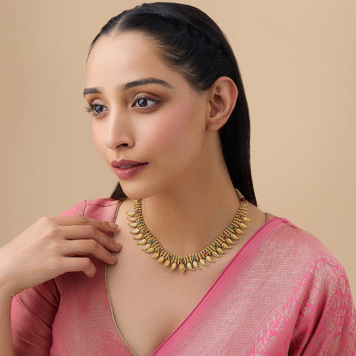 Pure 92.5 Silver, Gold Plated Traditional Mango Design Necklace with Ruby-Green Accents