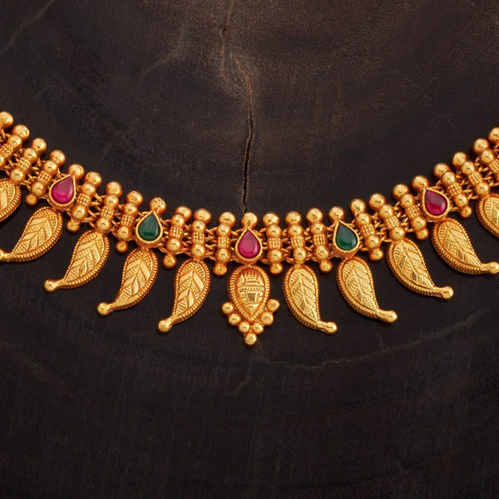 Pure 92.5 Silver, Gold Plated Traditional Mango Design Necklace with Ruby-Green Accents