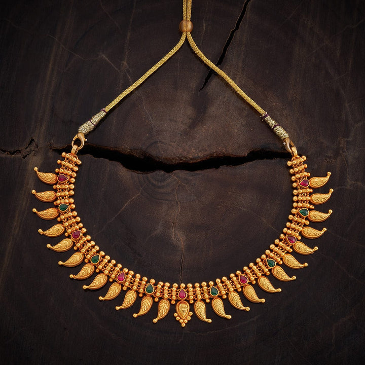 Pure 92.5 Silver, Gold Plated Traditional Mango Design Necklace with Ruby-Green Accents
