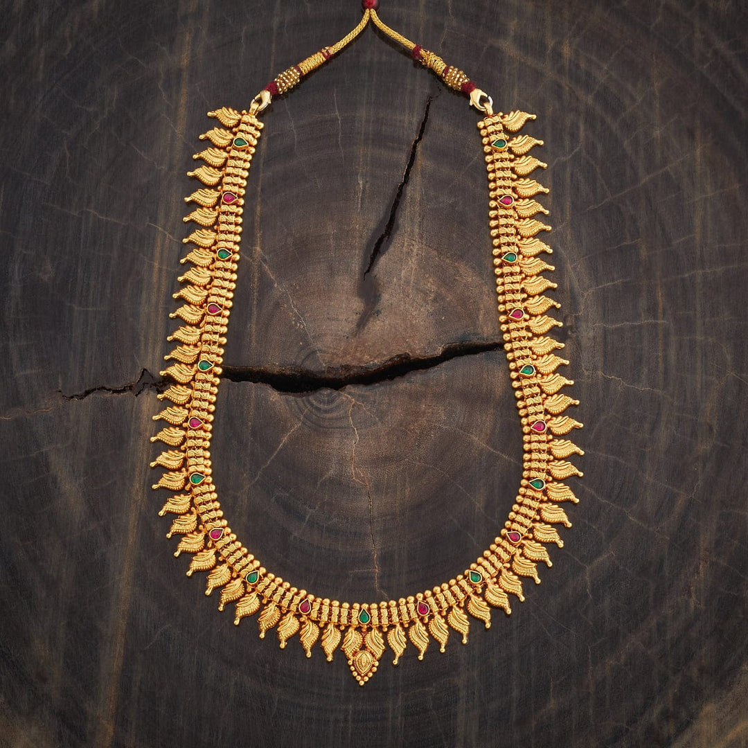Pure 92.5 Silver, Gold Plated Long Mango Motif Temple Necklace with Pink and Green Stone