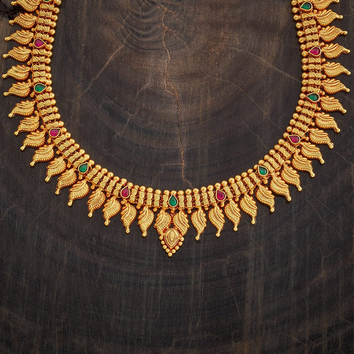 Pure 92.5 Silver, Gold Plated Long Mango Motif Temple Necklace with Pink and Green Stone