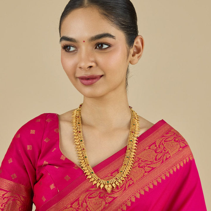 Pure 92.5 Silver, Gold Plated Long Mango Motif Temple Necklace with Pink and Green Stone