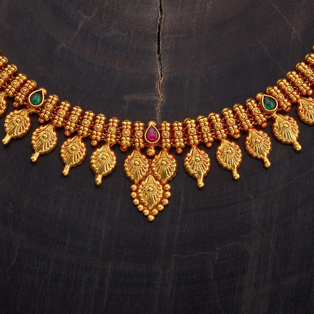 Pure 92.5 Silver, Gold Plated Traditional South Indian Necklace with Leaf Design and Gemstone Accents