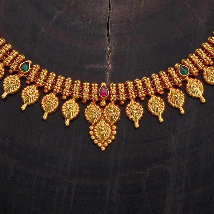 Pure 92.5 Silver, Gold Plated Traditional South Indian Necklace with Leaf Design and Gemstone Accents