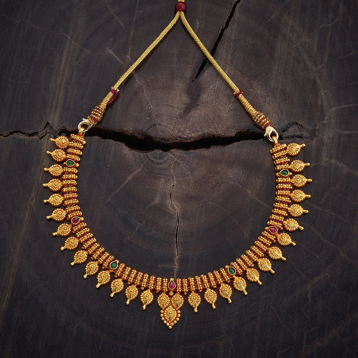Pure 92.5 Silver, Gold Plated Traditional South Indian Necklace with Leaf Design and Gemstone Accents