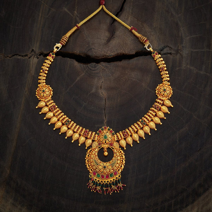 Pure 92.5 Silver Heritage Style Gold-Plated Necklace with Chandbali Design Pendant and Gemstone