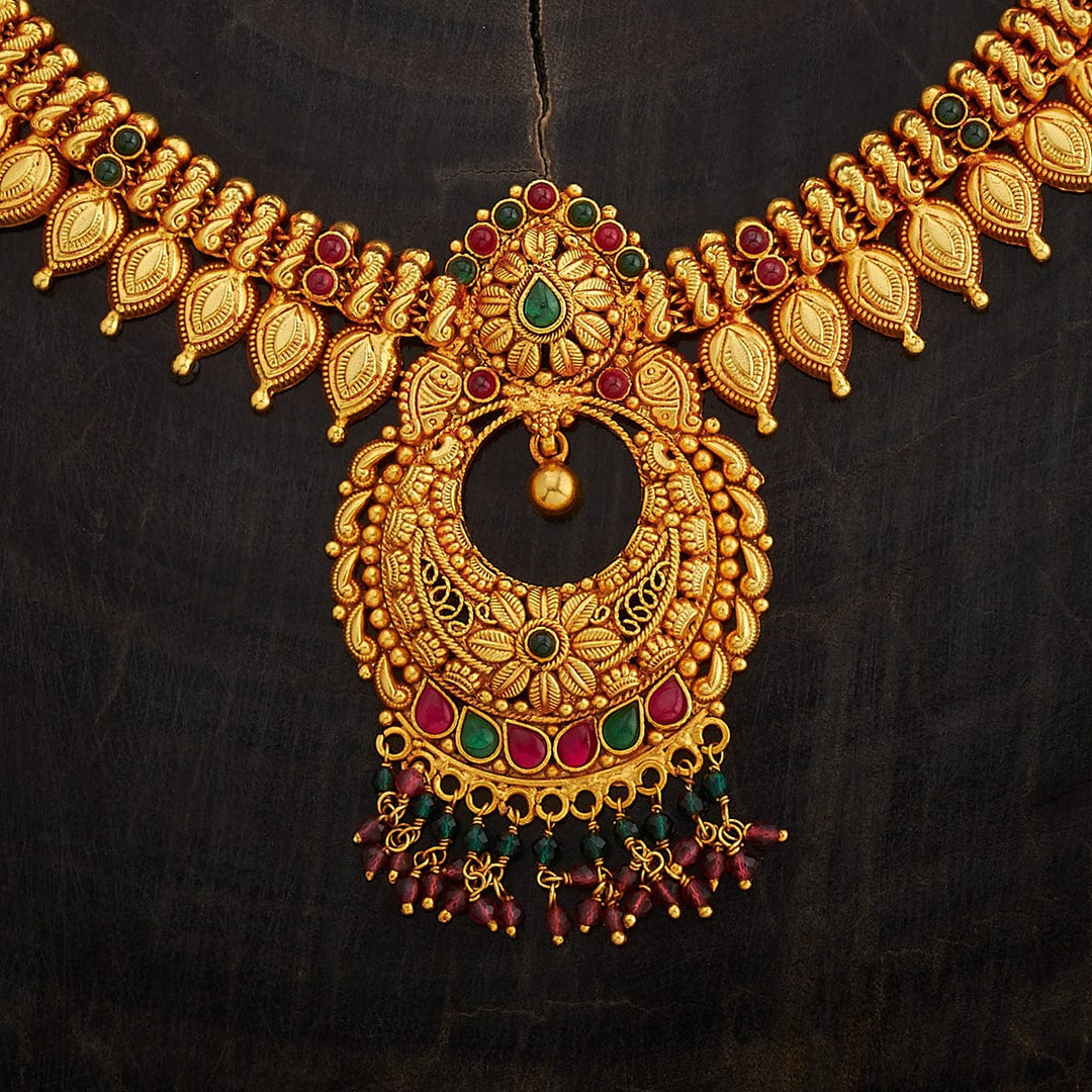 Pure 92.5 Silver Heritage Style Gold-Plated Necklace with Chandbali Design Pendant and Gemstone
