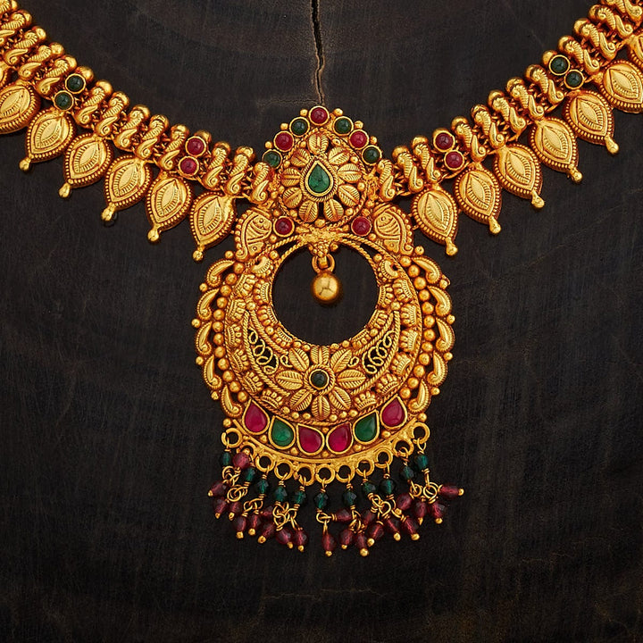 Pure 92.5 Silver Heritage Style Gold-Plated Necklace with Chandbali Design Pendant and Gemstone