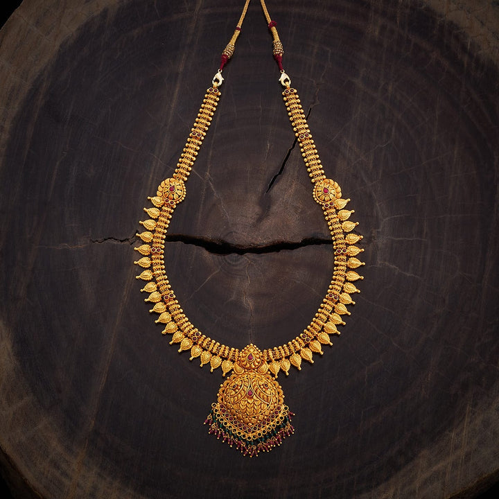 Pure 92.5 Silver, Gold Plated Leaf Motifs Haram with Central Floral Design Pendant