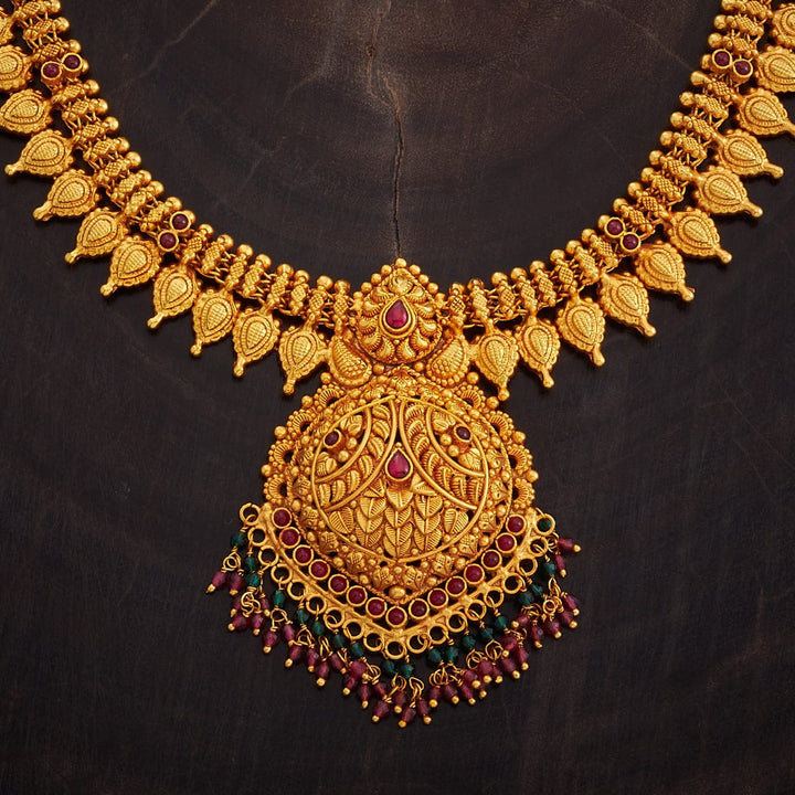 Pure 92.5 Silver, Gold Plated Leaf Motifs Haram with Central Floral Design Pendant